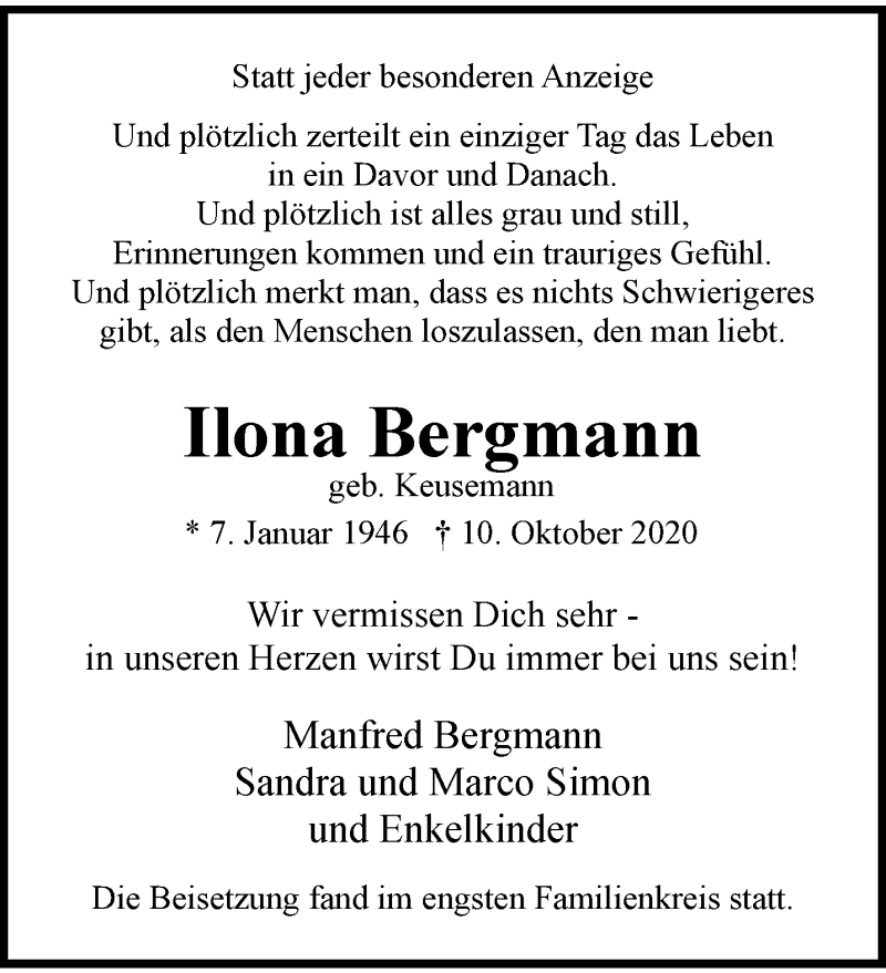 Traueranzeigen Von Ilona Bergmann Trauer Und Gedenken