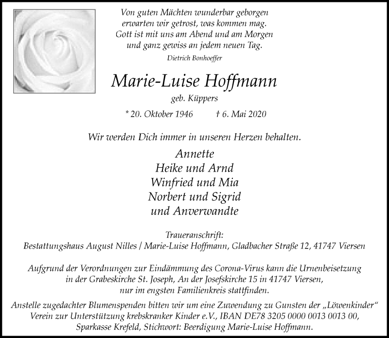 Traueranzeigen Von Marie Luise Hoffmann Trauer Und Gedenken