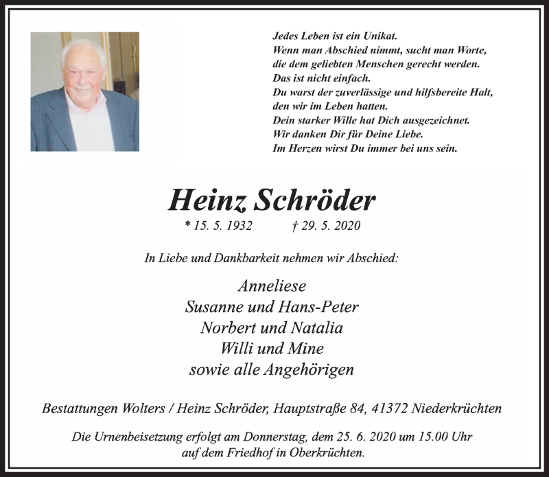 Traueranzeigen von Heinz Schröder Trauer und Gedenken