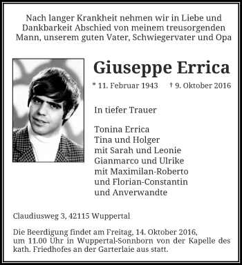 Traueranzeige von Giuseppe Errica von trauer.wuppertaler-rundschau.de