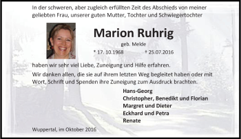 Traueranzeige von Marion Ruhrig von trauer.wuppertaler-rundschau.de