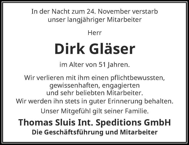  Traueranzeige für Dirk Gläser vom 26.11.2016 aus trauer.wuppertaler-rundschau.de