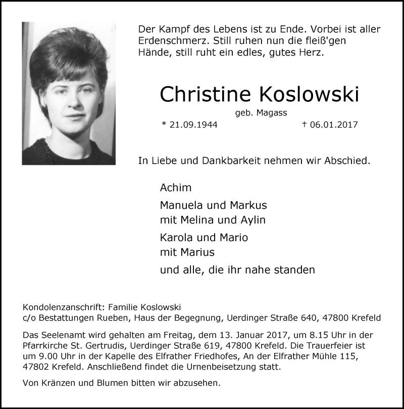  Traueranzeige für Christine Koslowski vom 11.01.2017 aus trauer.mein.krefeld.de