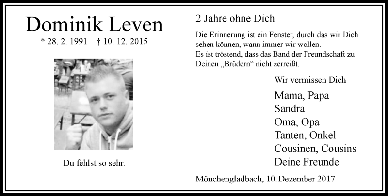  Traueranzeige für Dominik Leven vom 10.12.2017 aus trauer.extra-tipp-moenchengladbach.de
