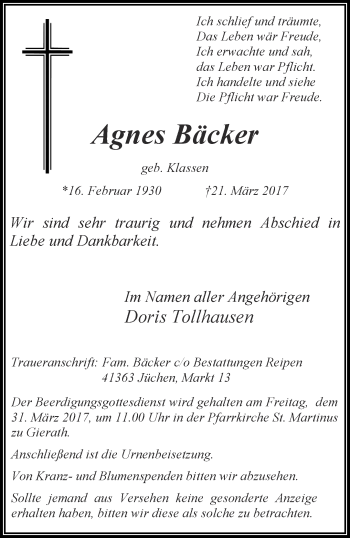 Traueranzeige von Agnes Bäcker von trauer.stadt-kurier.de