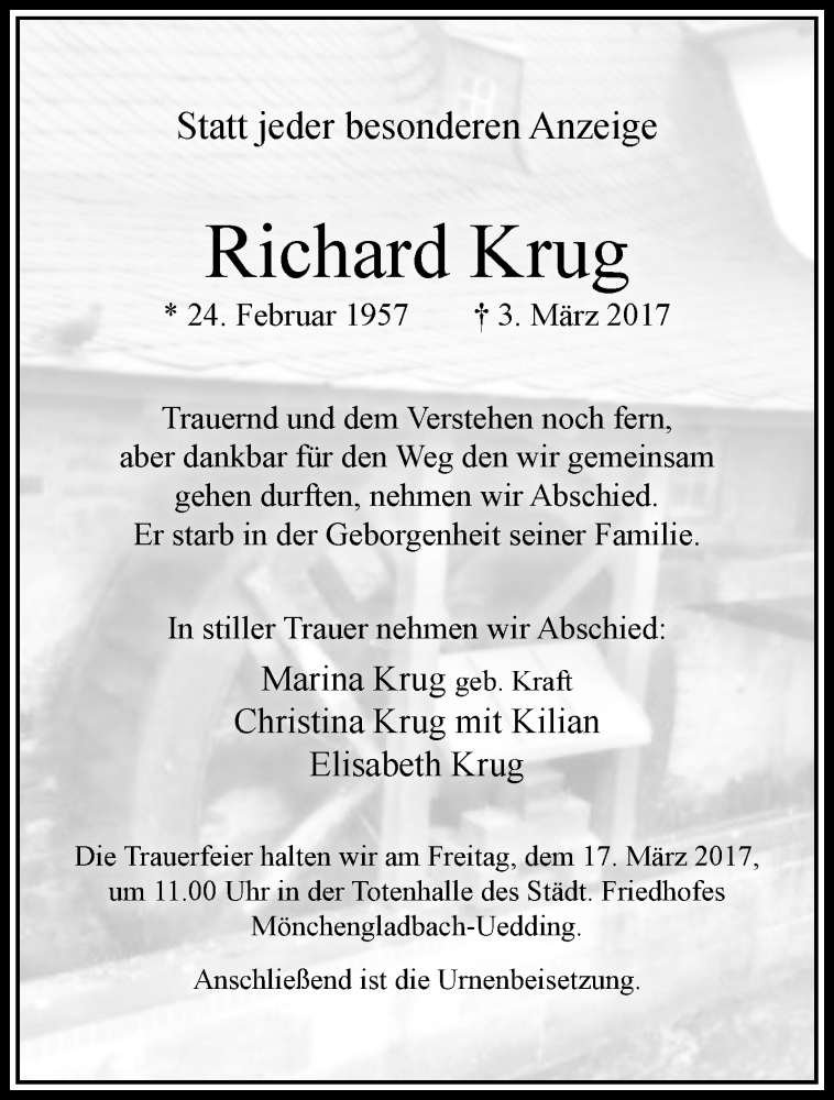  Traueranzeige für Richard Krug vom 12.03.2017 aus trauer.extra-tipp-moenchengladbach.de