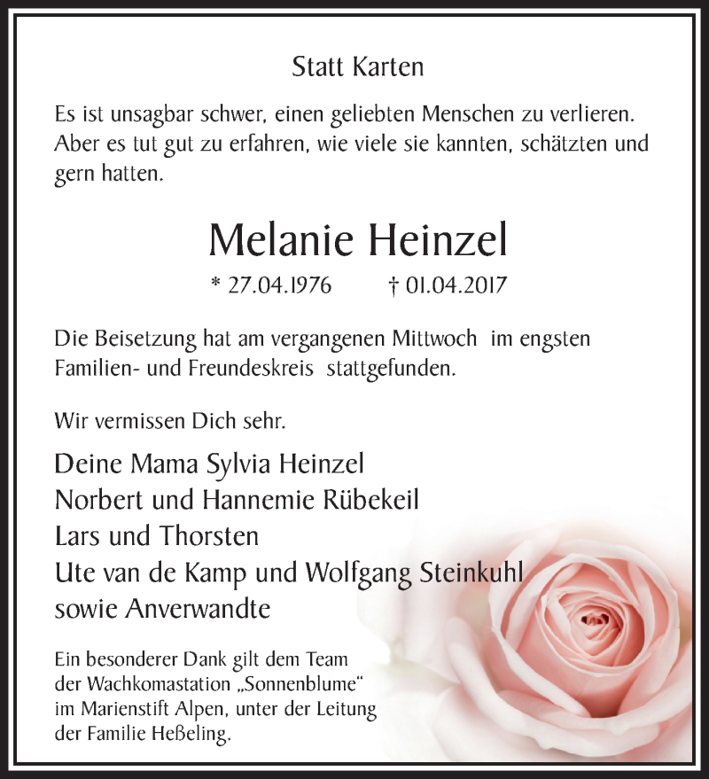  Traueranzeige für Melanie Heinzel vom 09.04.2017 aus trauer.stadt-panorame.de