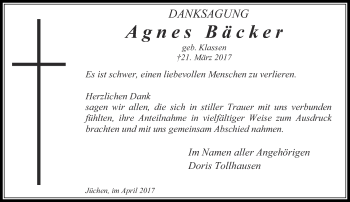 Traueranzeige von Agnes Bäcker von trauer.stadt-kurier.de