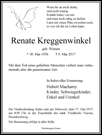 Traueranzeige von Renate Kreggenwinkel von trauer.extra-tipp-moenchengladbach.de