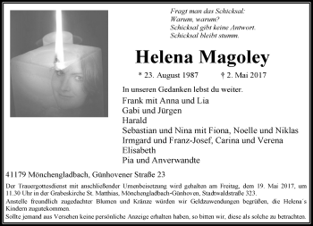 Traueranzeige von Helena Magoley von trauer.extra-tipp-moenchengladbach.de