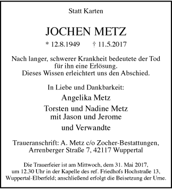 Traueranzeige von Jochen Metz von trauer.wuppertaler-rundschau.de