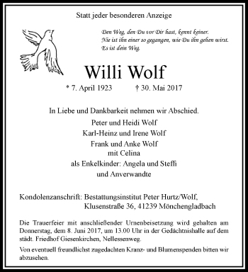 Traueranzeige von Willi Wolf von trauer.extra-tipp-moenchengladbach.de