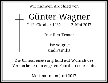 Traueranzeige von Günter Wagner von trauer.duesseldorfer-anzeiger.de