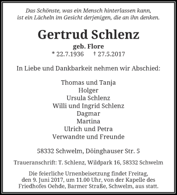 Traueranzeige von 6615Gertrud Schlenz von trauer.wuppertaler-rundschau.de
