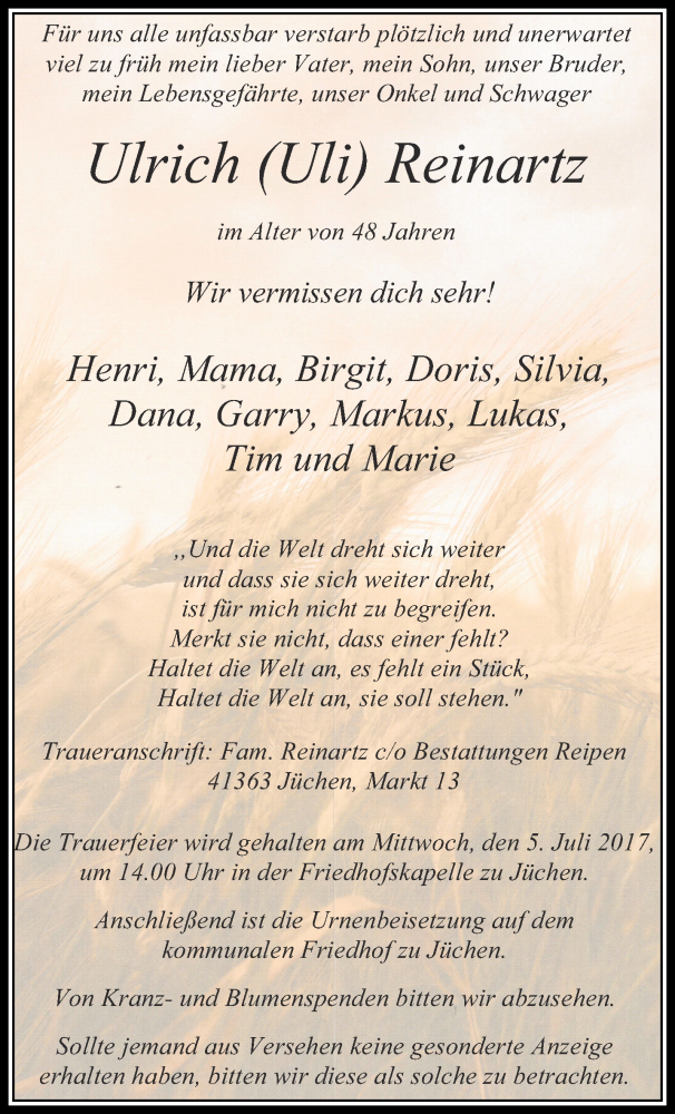  Traueranzeige für Ulrich Reinartz vom 28.06.2017 aus trauer.stadt-kurier.de