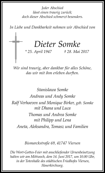 Traueranzeige von Dieter Somke von trauer.extra-tipp-moenchengladbach.de