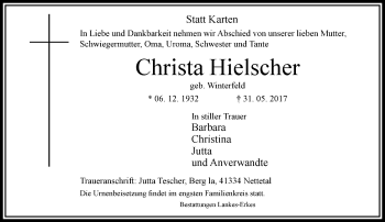 Traueranzeige von Christa Hielscher von trauer.extra-tipp-moenchengladbach.de