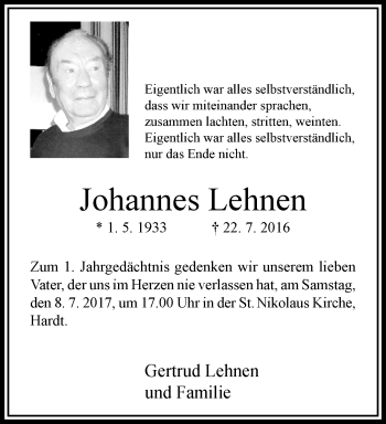 Traueranzeige von Johannes Lehnen von trauer.extra-tipp-moenchengladbach.de