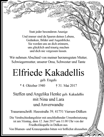 Traueranzeige von Elfriede Kakadellis von trauer.extra-tipp-moenchengladbach.de