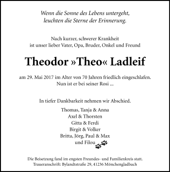 Traueranzeige von Theodor Ladleif von trauer.wuppertaler-rundschau.de