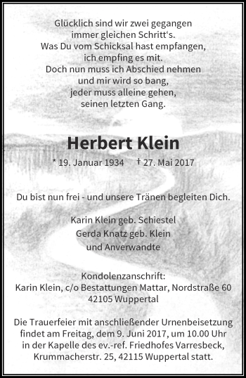 Traueranzeige von Herbert Klein von trauer.wuppertaler-rundschau.de