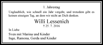 Traueranzeige von Willi Lessenich von trauer.extra-tipp-moenchengladbach.de