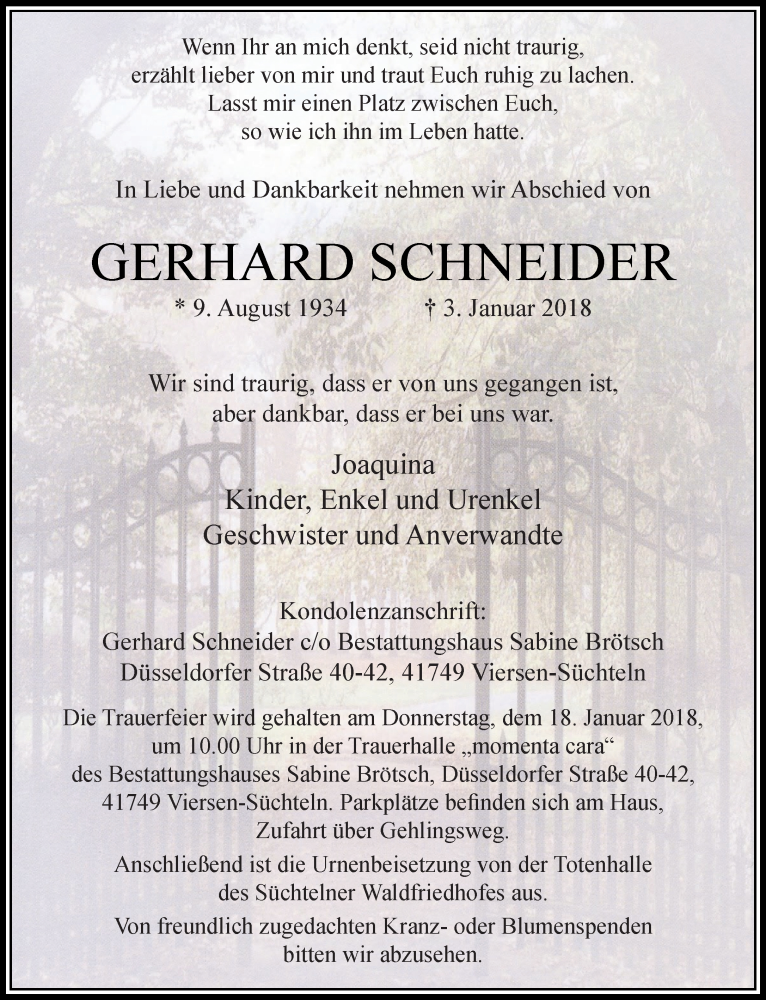  Traueranzeige für Gerhard Schneider vom 14.01.2018 aus trauer.extra-tipp-moenchengladbach.de