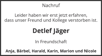 Traueranzeige von Detlef Jäger von trauer.wuppertaler-rundschau.de