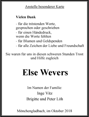 Traueranzeige von Else Wevers von trauer.extra-tipp-moenchengladbach.de