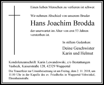 Traueranzeige von Hans Joachim Brodda von trauer.wuppertaler-rundschau.de