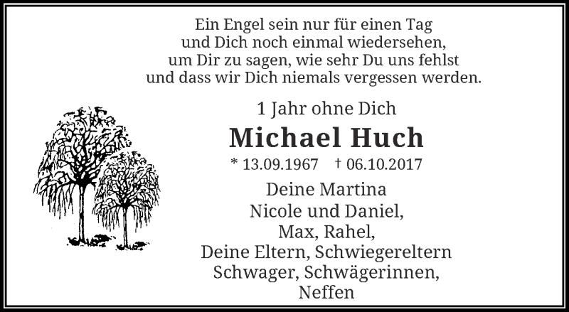  Traueranzeige für Michael Huch vom 06.10.2018 aus trauer.wuppertaler-rundschau.de