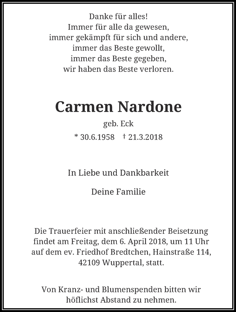  Traueranzeige für Carmen Nardone vom 31.03.2018 aus trauer.wuppertaler-rundschau.de