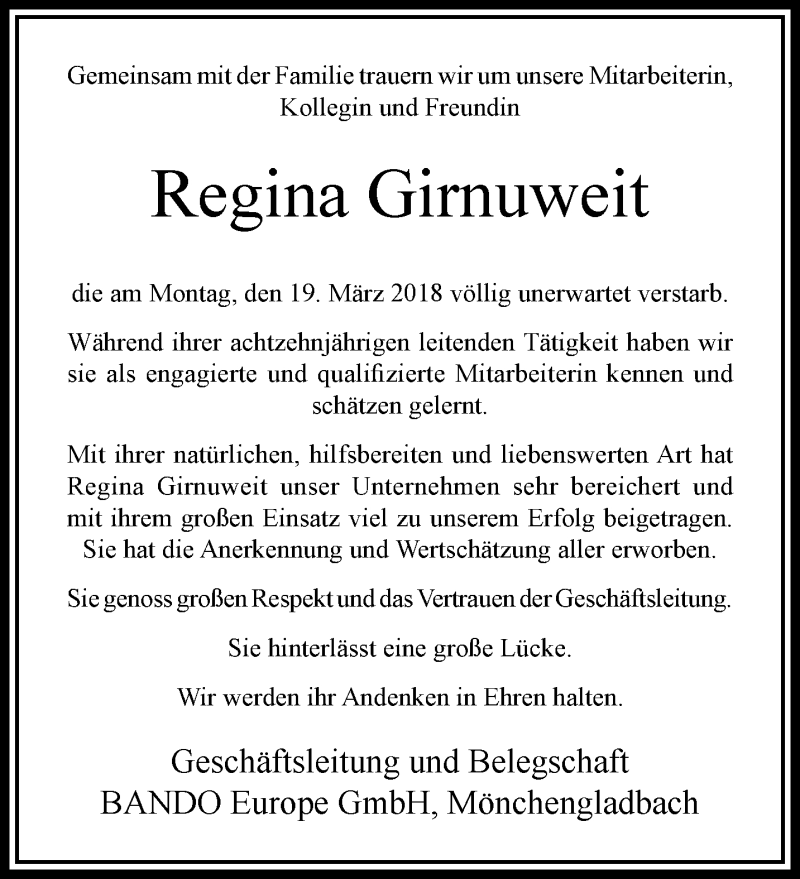  Traueranzeige für Regina Girnuweit vom 25.03.2018 aus trauer.extra-tipp-moenchengladbach.de