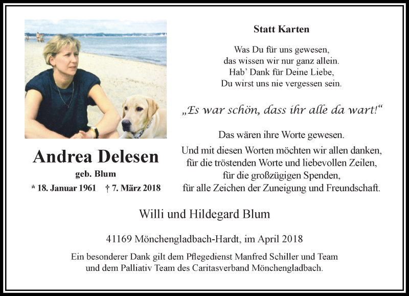  Traueranzeige für Andrea Delesen vom 08.04.2018 aus trauer.extra-tipp-moenchengladbach.de