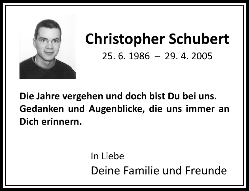  Traueranzeige für Christopher Schubert vom 29.04.2018 aus trauer.extra-tipp-moenchengladbach.de