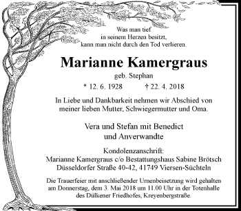 Traueranzeige von Marianne Kamergraus von trauer.extra-tipp-moenchengladbach.de