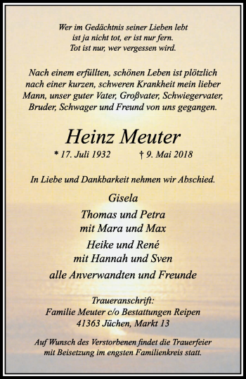 Traueranzeige von Heinz Meuter von trauer.stadt-kurier.de