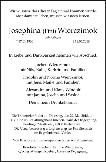 Traueranzeige von Josephina Wierczimok von trauer.mein.krefeld.de