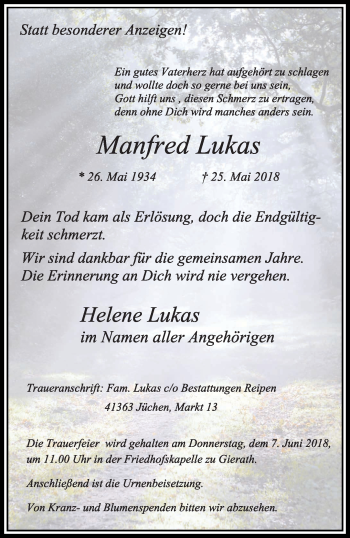 Traueranzeige von Manfred Lukas von trauer.stadt-kurier.de