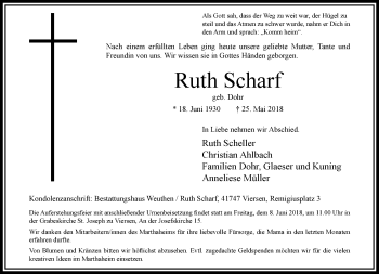 Traueranzeige von Ruth Scharf von trauer.extra-tipp-moenchengladbach.de
