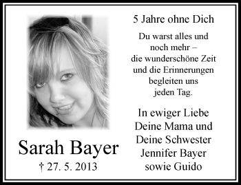 Traueranzeige von Sarah Bayer von trauer.extra-tipp-moenchengladbach.de