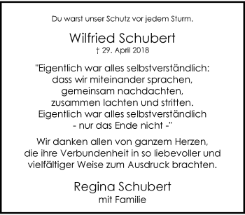 Traueranzeige von Wilfried Schubert von trauer.wuppertaler-rundschau.de