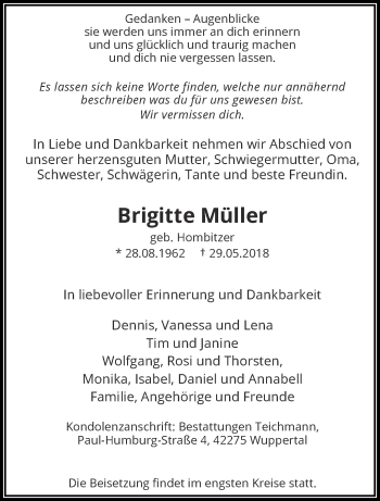 Traueranzeige von Brigitte Müller von trauer.wuppertaler-rundschau.de