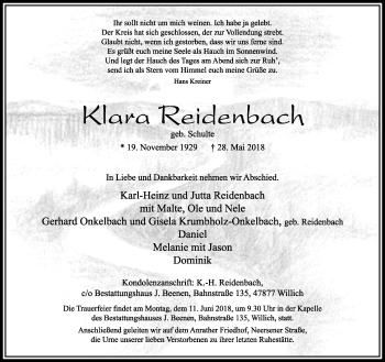 Traueranzeige von Klara Reidenbach von trauer.extra-tipp-moenchengladbach.de