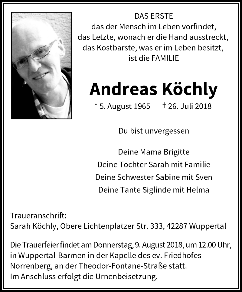  Traueranzeige für Andreas Köchly vom 04.08.2018 aus trauer.wuppertaler-rundschau.de