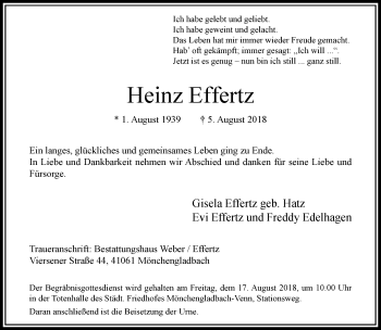 Traueranzeige von Heinz Effertz von trauer.extra-tipp-moenchengladbach.de