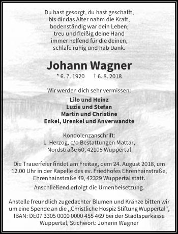 Traueranzeige von Johann Wagner von trauer.wuppertaler-rundschau.de