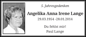 Traueranzeige von Angelika Anna Irene Lange von trauer.wuppertaler-rundschau.de