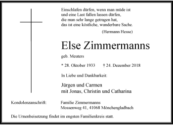 Traueranzeige von Else Zimmermanns von trauer.extra-tipp-moenchengladbach.de