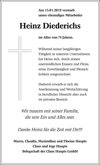 Traueranzeige von Heinz Diederichs von trauer.extra-tipp-moenchengladbach.de